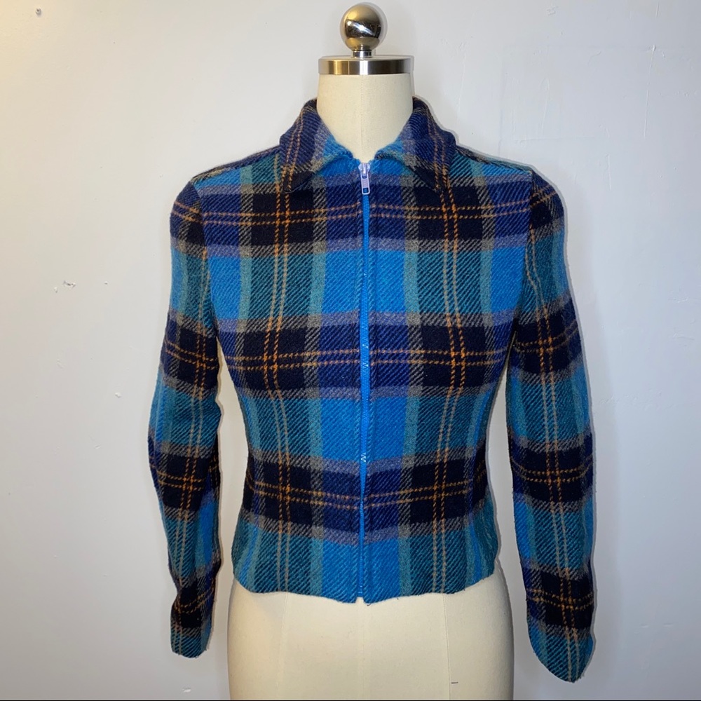Vintage blue plaid zip up jacket